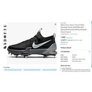 11.5 Nike Force Zoom Trout 9 Elite Baseball Cleats Men's Black Grey FB2906-001